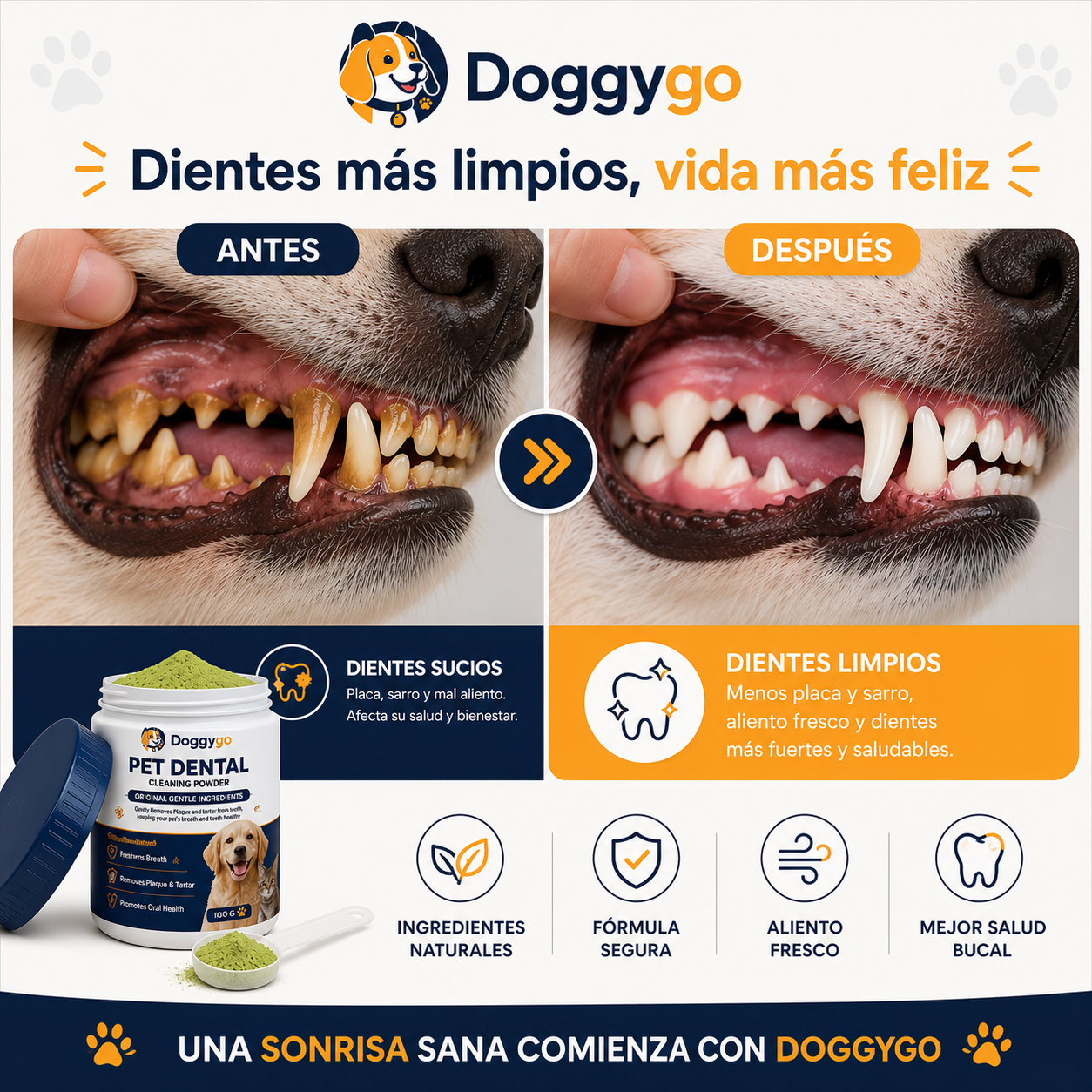 DoggyGo Smile+ - Polvo Dental Premium para Perros